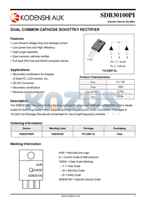 SDB30100PI datasheet - DUAL COMMON CATHODE SCHOTTKY RECTIFIER