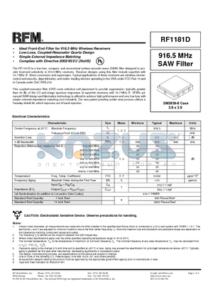 RF1181D datasheet - 916.5 MHz SAW Filter