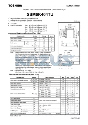 SSM6K404TU datasheet - High-Speed Switching Applications