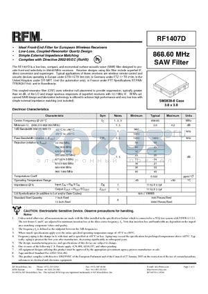 RF1407D datasheet - 868.60 MHz SAW Filter