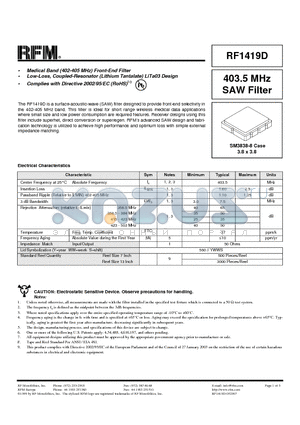 RF1419D datasheet - 403.5 MHz SAW Filter