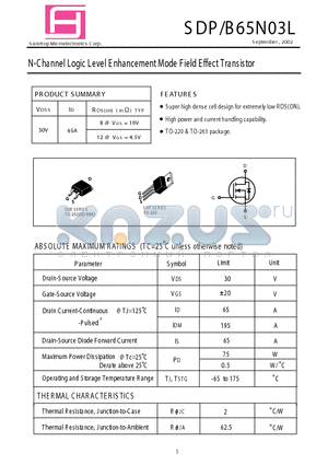 SDB65N03 datasheet - N-Channel Logic Level E nhancement Mode Field E ffect Transistor