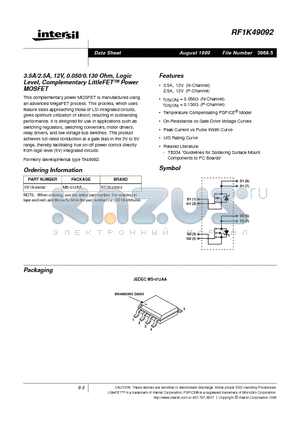 RF1K49092 datasheet - 3.5A/2.5A, 12V, 0.050/0.130 Ohm, Logic Level, Complementary LittleFET Power MOSFET