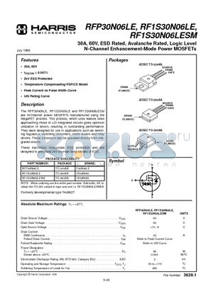 RF1S30N06LE datasheet - 30A, 60V, ESD Rated, Avalanche Rated, Logic Level N-Channel Enhancement-Mode Power MOSFETs