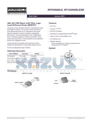 RF1S30N06LESM datasheet - 30A, 60V, ESD Rated, 0.047 Ohm, Logic Level N-Channel Power MOSFETs