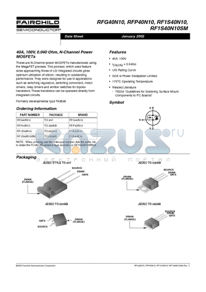 RF1S40N10 datasheet - 40A, 100V, 0.040 Ohm, N-Channel Power MOSFETs