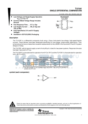 TLV1391 datasheet - SINGLE DIFFERENTIAL COMPARATORS