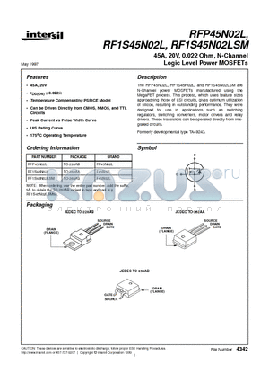 RF1S45N02LSM datasheet - 45A, 20V, 0.022 Ohm, N-Channel Logic Level Power MOSFETs