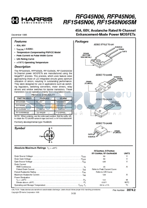RF1S45N06SM datasheet - 45A, 60V, Avalanche Rated N-Channel Enhancement-Mode Power MOSFETs
