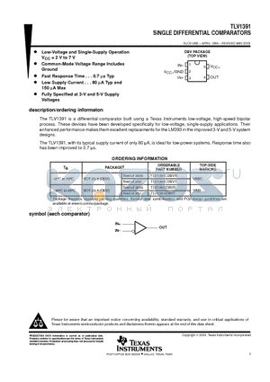 TLV1391IDBVR datasheet - SINGLE DIFFERENTIAL COMPARATORS