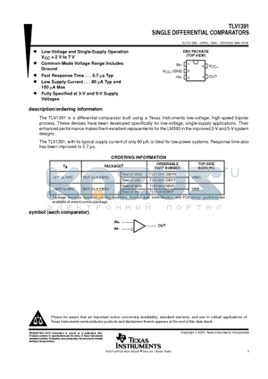 TLV1391CDBVTE4 datasheet - SINGLE DIFFERENTIAL COMPARATORS