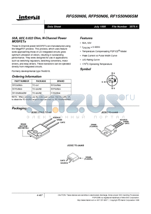 RF1S50N06SM datasheet - 50A, 60V, 0.022 Ohm, N-Channel Power MOSFETs