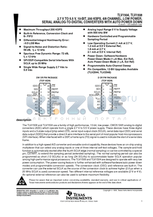 TLV1504IPW datasheet - 2.7 V TO 5.5 V, 10-BIT, 200 KSPS, 4/8 CHANNEL, LOW POWER, SERIAL ANALOG-TO-DIGITAL CONVERTERS WITH AUTO POWER DOWN