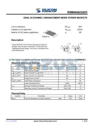 SSM9928EO datasheet - DUAL N-CHANNEL ENHANCEMENT-MODE POWER MOSFETS