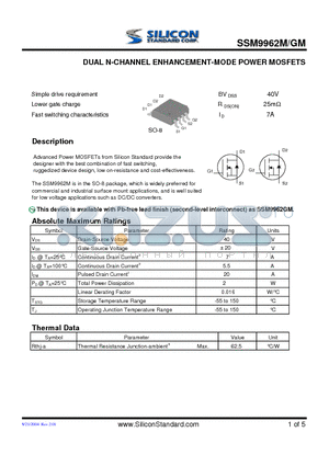 SSM9962M datasheet - DUAL N-CHANNEL ENHANCEMENT-MODE POWER MOSFETS