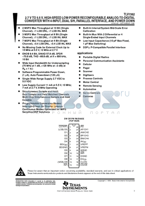 TLV1562IDW datasheet - 2.7 V TO 5.5 V, HIGH-SPEED LOW-POWER RECONFIGURABLE ANALOG-TO-DIGITAL CONVERTER WITH 4-INPUT, DUAL S/H, PARALLEL INTERFACE, AND POWER DOWN