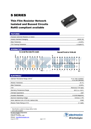 SSN16A1002BL13 datasheet - Thin Film Resistor Network Isolated and Bussed Circuits RoHS compliant available