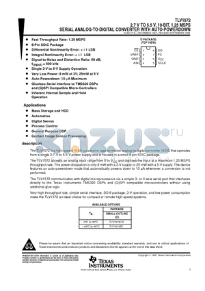 TLV1572ID datasheet - 2.7 V TO 5.5 V, 10-BIT, 1.25 MSPS SERIAL ANALOG-TO-DIGITAL CONVERTER WITH AUTO-POWERDOWN