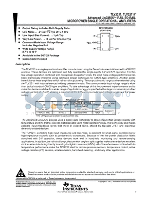 TLV2211 datasheet - Advanced LinCMOSE RAIL-TO-RAIL MICROPOWER SINGLE OPERATIONAL AMPLIFIERS