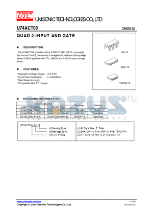 U74ACT08G-D14-T datasheet - QUAD 2-INPUT AND GATE