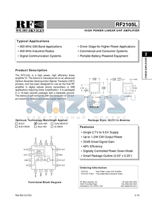 RF2105L datasheet - HIGH POWER LINEAR UHF AMPLIFIER