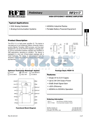 RF2117 datasheet - HIGH EFFICIENCY 400MHZ AMPLIFIER