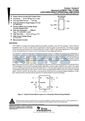 TLV2231 datasheet - Advanced LinCMOSE RAIL-TO-RAIL LOW-POWER SINGLE OPERATIONAL AMPLIFIERS