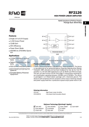 RF2126 datasheet - HIGH POWER LINEAR AMPLIFIER