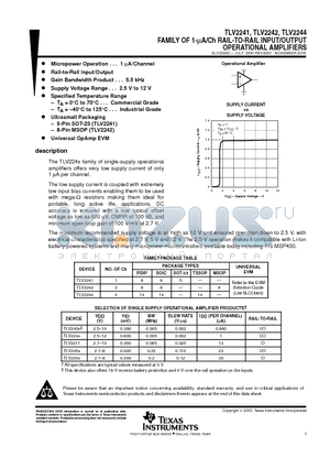 TLV2241 datasheet - FAMILY OF 1-mA/Ch RAIL-TO-RAIL INPUT/OUTPUT OPERATIONAL AMPLIFIERS