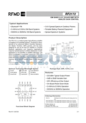 RF2172PCBA411 datasheet - ISM BAND 3.6V, 250mW AMP WITH ANALOG GAIN CONTROL