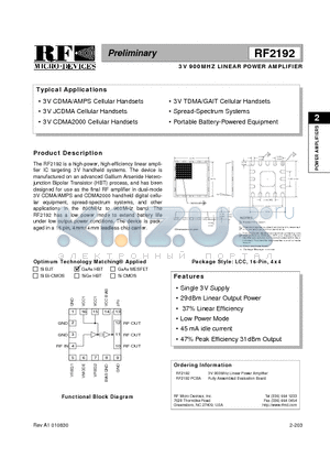 RF2192PCBA datasheet - 3V 900MHZ LINEAR POWER AMPLIFIER