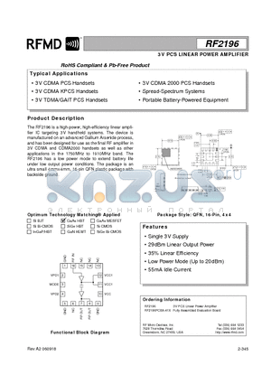 RF2196 datasheet - 3V PCS LINEAR POWER AMPLIFIER