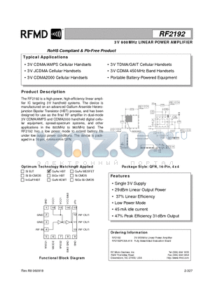 RF2192PCBA-41X datasheet - 3V 900MHz LINEAR POWER AMPLIFIER