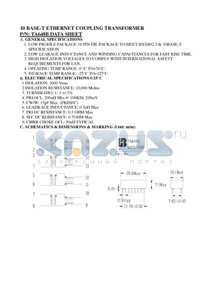 TA648B datasheet - 10 BASE-T ETHERNET COUPLING TRANSFORMER
