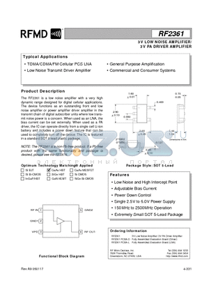RF2361PCBA-L datasheet - 3V LOW NOISE AMPLIFIER/ 3V PA DRIVER AMPLIFIER