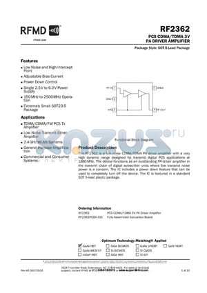 RF2362PCBA-41X datasheet - PCS CDMA/TDMA 3V PA DRIVER AMPLIFIER