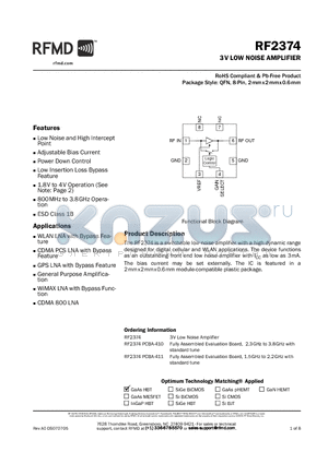 RF2374PCBA-410 datasheet - 3V LOW NOISE AMPLIFIER