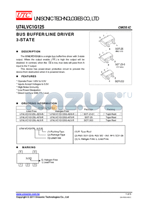 U74LVC1G125G-AE5-R datasheet - BUS BUFFER/LINE DRIVER 3-STATE