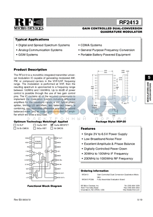 RF2413 datasheet - GAIN CONTROLLED DUAL-CONVERSION QUADRATURE MODULATOR