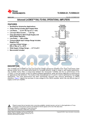 TLV2262AQDRQ1 datasheet - Advanced LinCMOS RAIL-TO-RAIL OPERATIONAL AMPLIFIERS