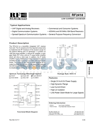 RF2418 datasheet - LOW CURRENT LNA/MIXER