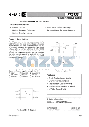 RF2436PCBA datasheet - TRANSMIT/RECEIVE SWITCH