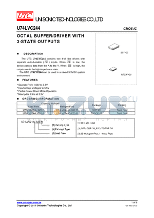 U74LVC244G-S20-R datasheet - OCTAL BUFFER/DRIVER WITH 3-STATE OUTPUTS