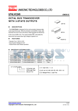 U74LVC245G-D20-T datasheet - OCTAL BUS TRANSCEIVER WITH 3-STATE OUTPUTS