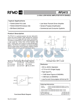RF2472G datasheet - 2.4GHz LOW NOISE AMPLIFIER WITH ENABLE