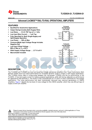 TLV2262QDRQ1 datasheet - Advanced LinCMOS RAIL-TO-RAIL OPERATIONAL AMPLIFIERS