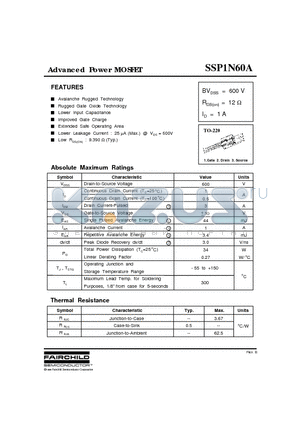 SSP1N60A datasheet - Advanced Power MOSFET