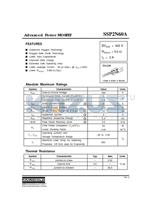SSP2N60A datasheet - Advanced Power MOSFET