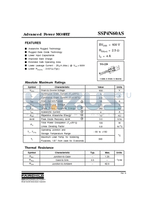 SSP4N60AS datasheet - Advanced Power MOSFET