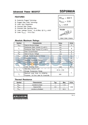 SSP5N60A datasheet - Advanced Power MOSFET